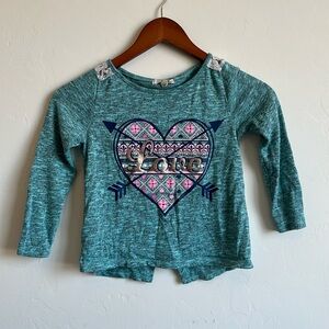 blue long sleeve shirt w/ love and arrows on it by self esteem